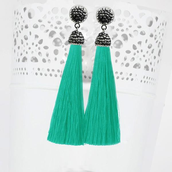 Jeweljunk Rhodium Plated Stone & Green Thread Earrings - 1310933E