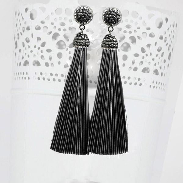 Jeweljunk Stone & Black Thread Rhodium Plated Thread Earrings - 1310933F