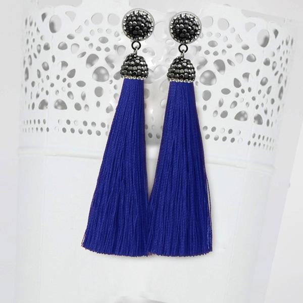 Jeweljunk Rhodium Plated Stone & Blue Thread Tassel Earrings - 1310933J