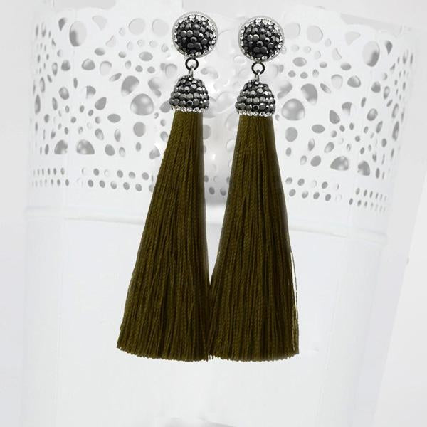Jeweljunk Stone & Green Thread Rhodium Plated Tassel Earring - 1310933N