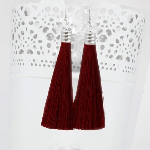 Jeweljunk Maroon Thread Rhodium Plated Tassel Earrings - 1310935F