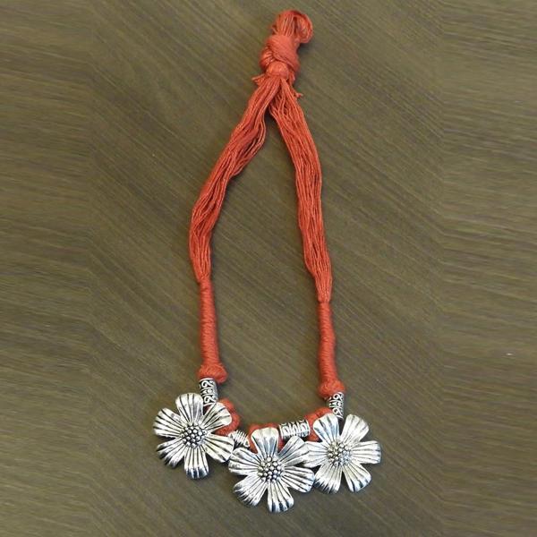Jeweljunk Orange Thread Floral Design Tribal Necklace - 1111502G