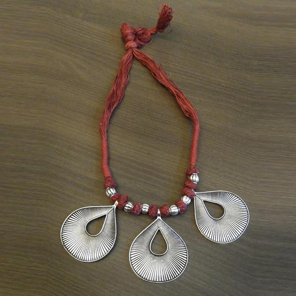 Jeweljunk Brown Thread Silver Plated Tribal Necklace - 1111504B