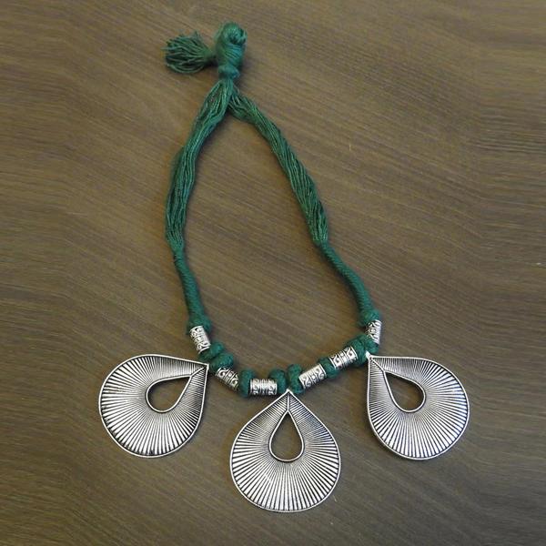 Jeweljunk Silver Plated Green Thread Tribal Necklace - 1111504C