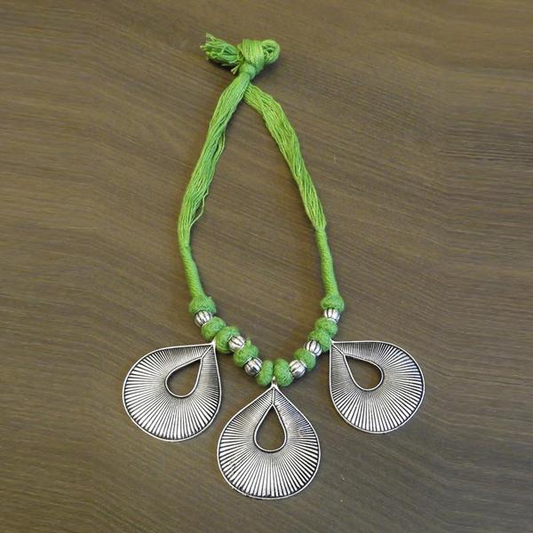 Jeweljunk Silver Plated Green Thread Tribal Necklace - 1111504E