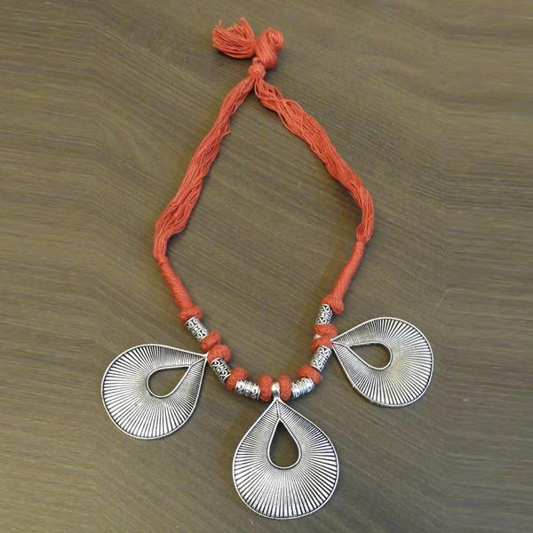 Jeweljunk Orange Thread Silver Plated Tribal Necklace - 1111504H