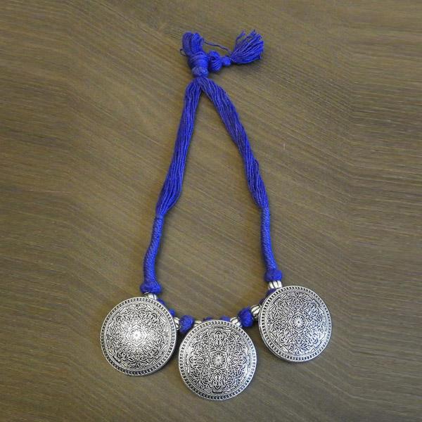 Jeweljunk Blue Thread Silver Plated Tribal Necklace - 1111505H