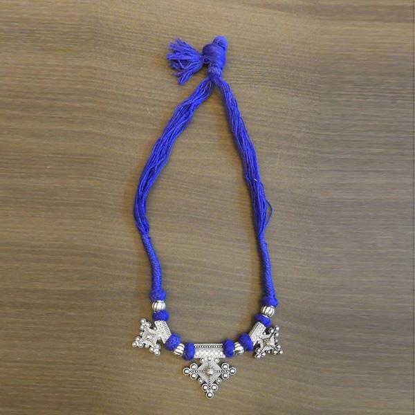 Jeweljunk Silver Plated Blue Thread Tribal Necklace - 1111507C
