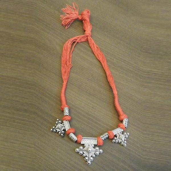 Jeweljunk Silver Plated Orange Thread Tribal Necklace - 1111507E