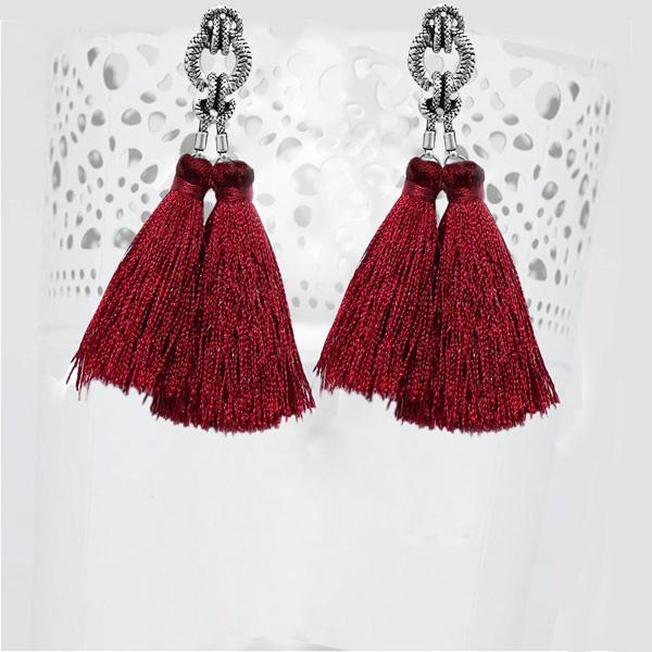 Jeweljunk Rhodium Plated Maroon Thread Earrings - 1310930A