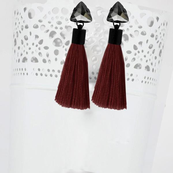 Jeweljunk Oxidised Plated Glass Stone Maroon Thread Tassel Earrings - 1310931A