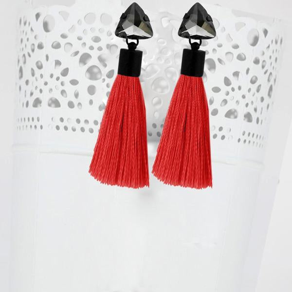 Jeweljunk Oxidised Plated Glass Stone Red Thread Tassel Earrings - 1310931E