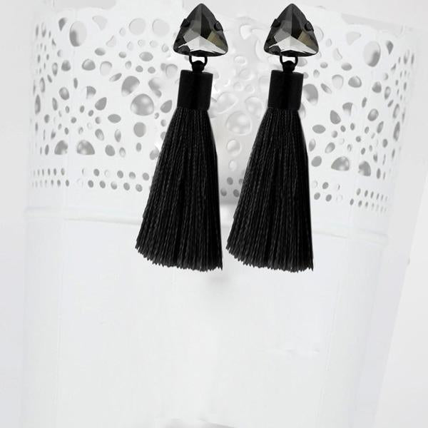 Jeweljunk Oxidised Plated Glass Stone Thread Tassel Earrings - 1310931F