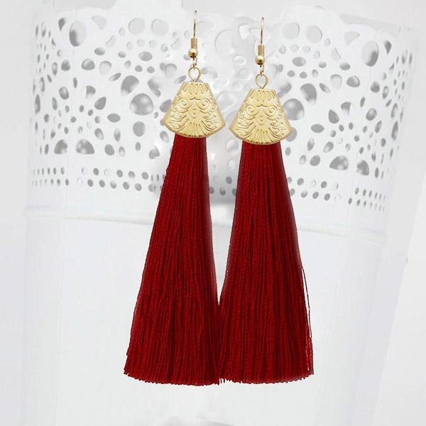 Jeweljunk Gold Plated Maroon Thread Tassel Earrings - 1310937A