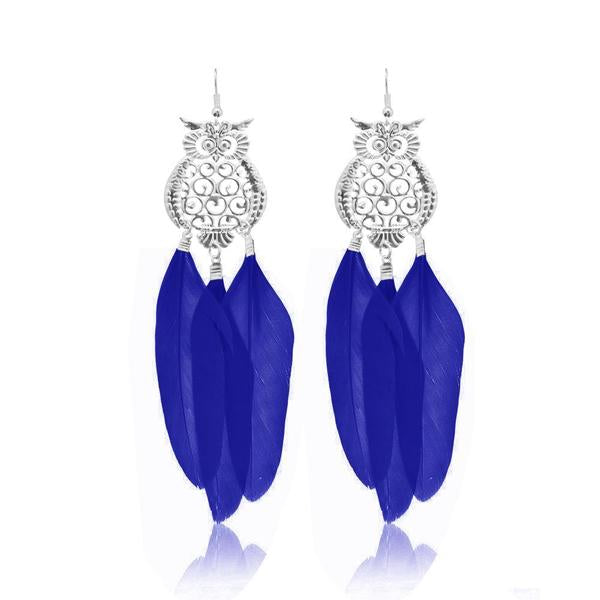 Jeweljunk Rhodium Plated Blue Owl Feather Earrings - 1310941A