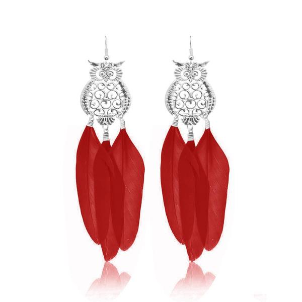 Jeweljunk Rhodium Plated Red Owl Feather Earrings - 1310941C