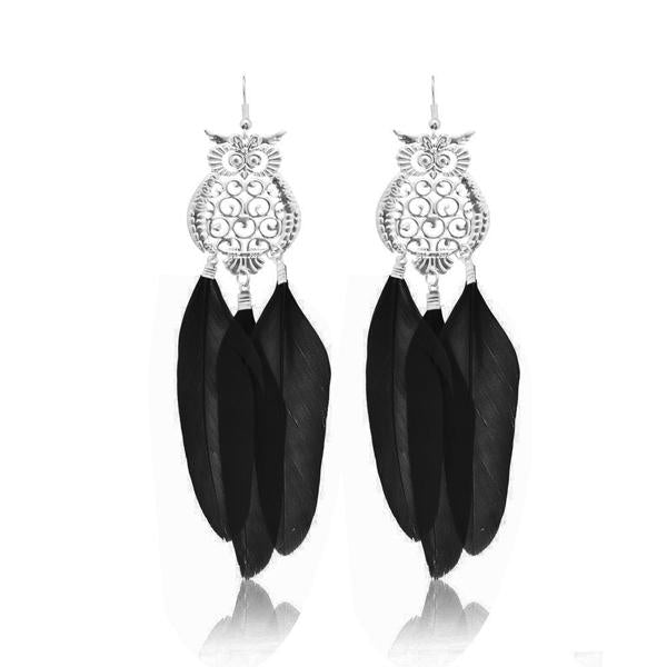 Jeweljunk Rhodium Plated Black Owl Feather Earrings - 1310941D