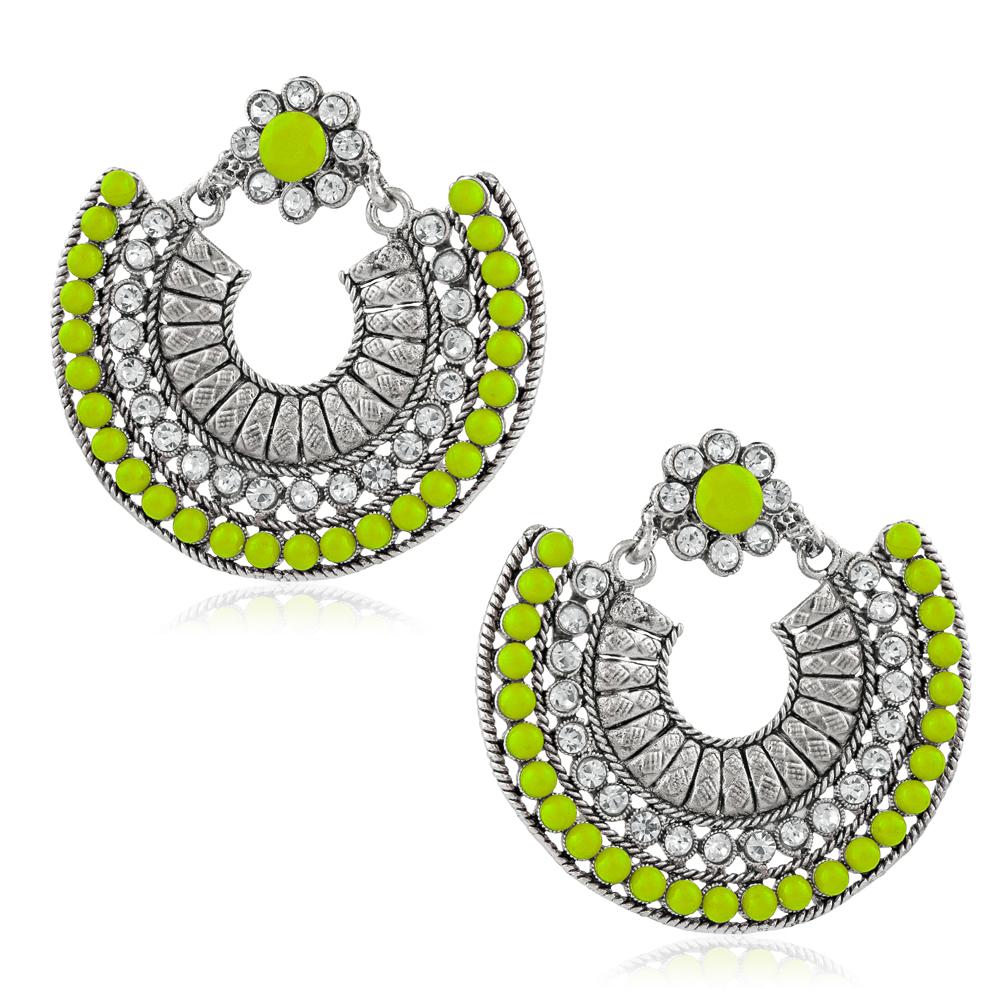 Jeweljunk Silver Plated Green Beads Chandbali Earrings - 1311024H