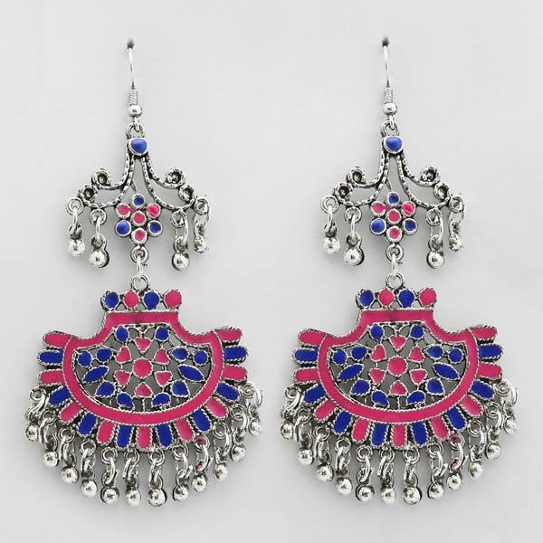 Jeweljunk Pink & Blue Silver Plated Meenakari Afghani Earrings - 1311074C
