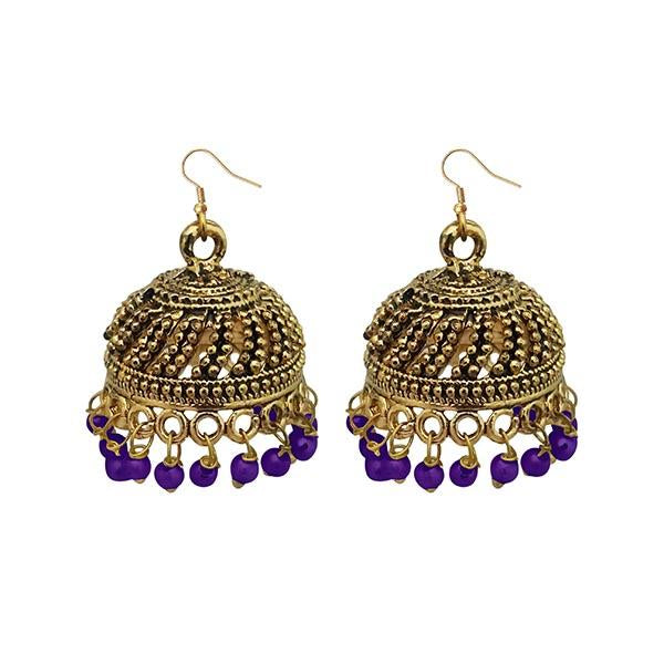 Jeweljunk Purple Beads Antique Gold Plated Jhumki Earrings - 1309339B