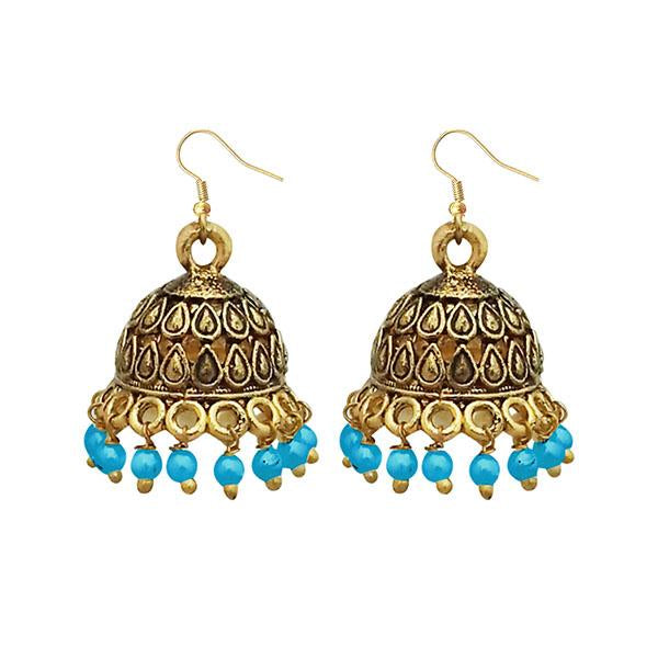 Jeweljunk Blue Beads Antique Gold Plated Jhumki Earrings - 1309341C