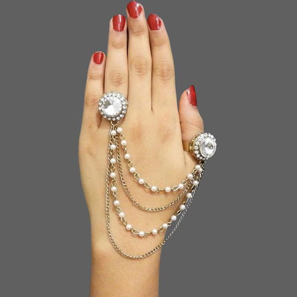 Apurva Pearls Stone Pearl Tassel Chain Double Finger Ring - 1503202B