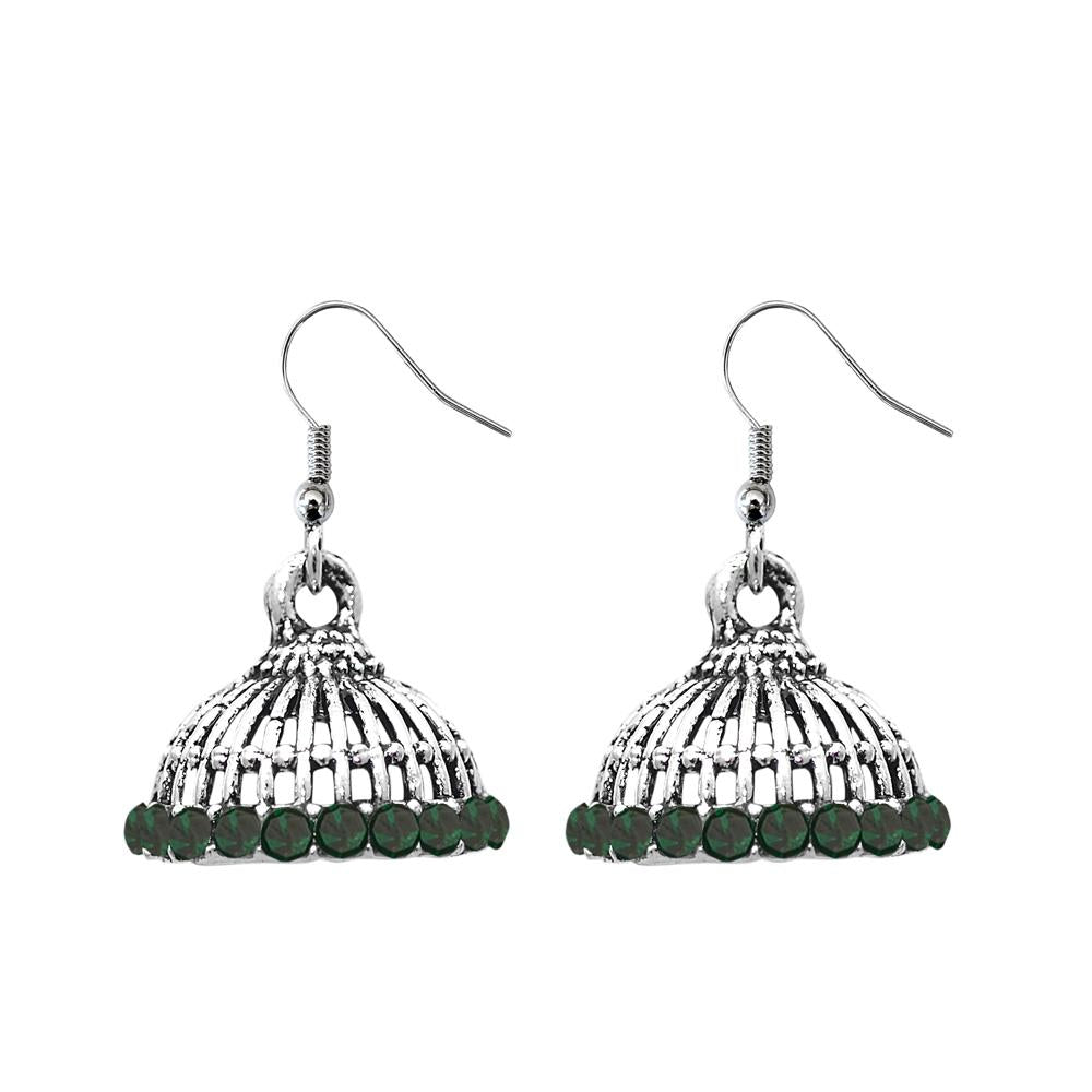 JewelEthnic Green Austrian Stone Rhodium Plated Jhumki - 1307512G