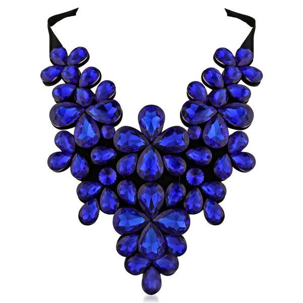 Yoona Blue Crystal Stone Black Ribbon Necklace - 1111226C