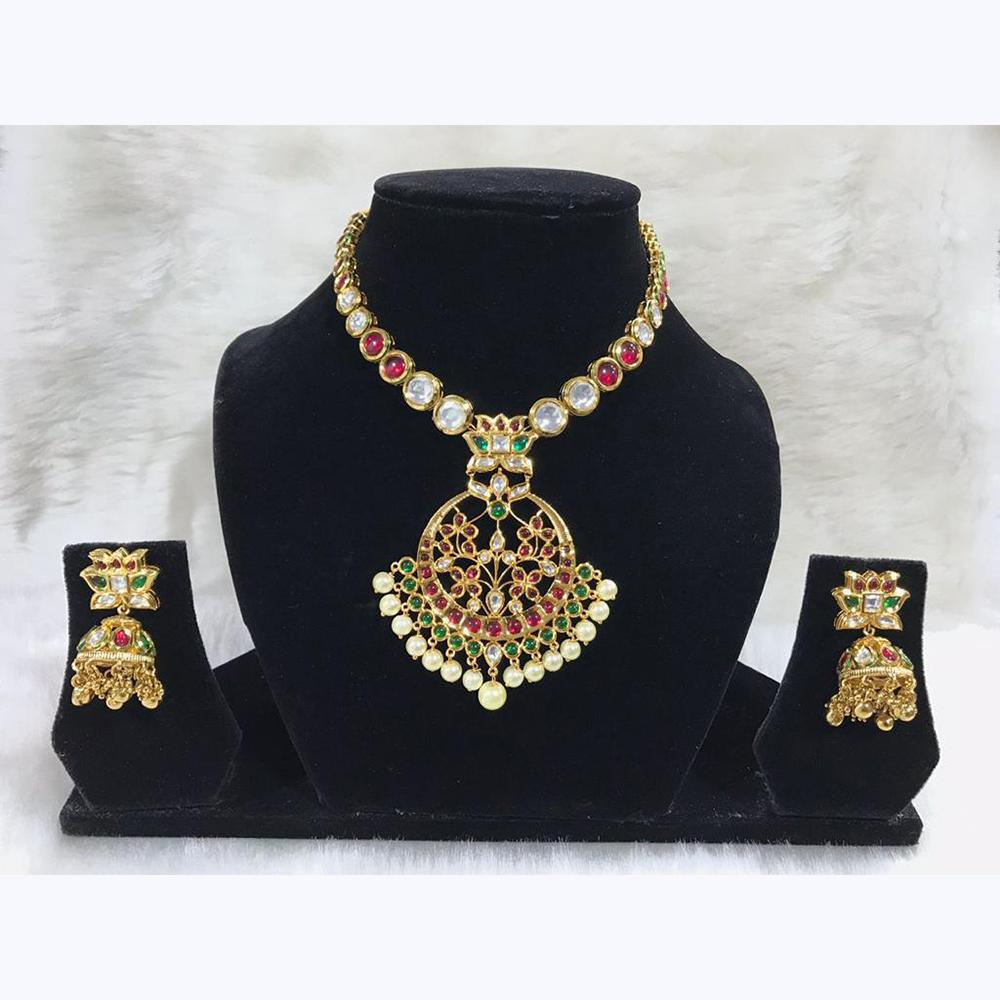 Tarangavi Pink And Green Kundan Beads Necklace Set - FNV-1005