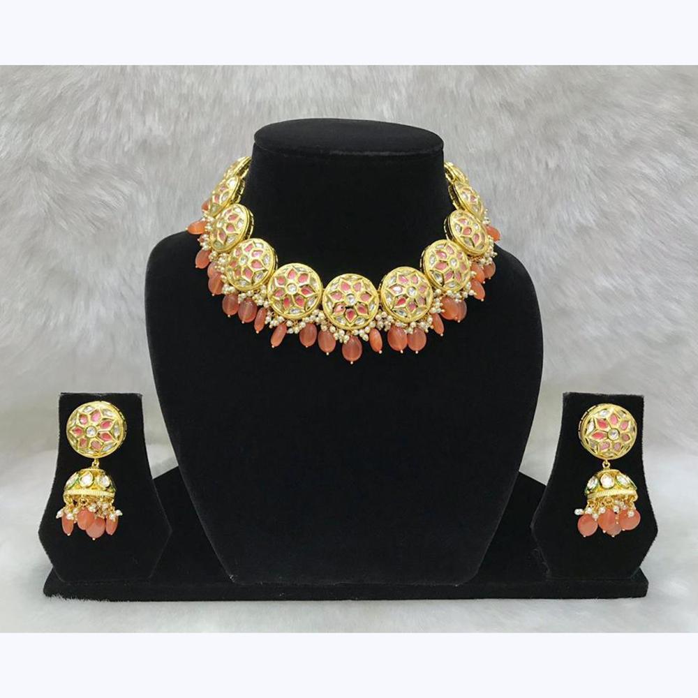 Tarangavi Peach Beads And Kundan Choker Necklace Set - FNV-2005