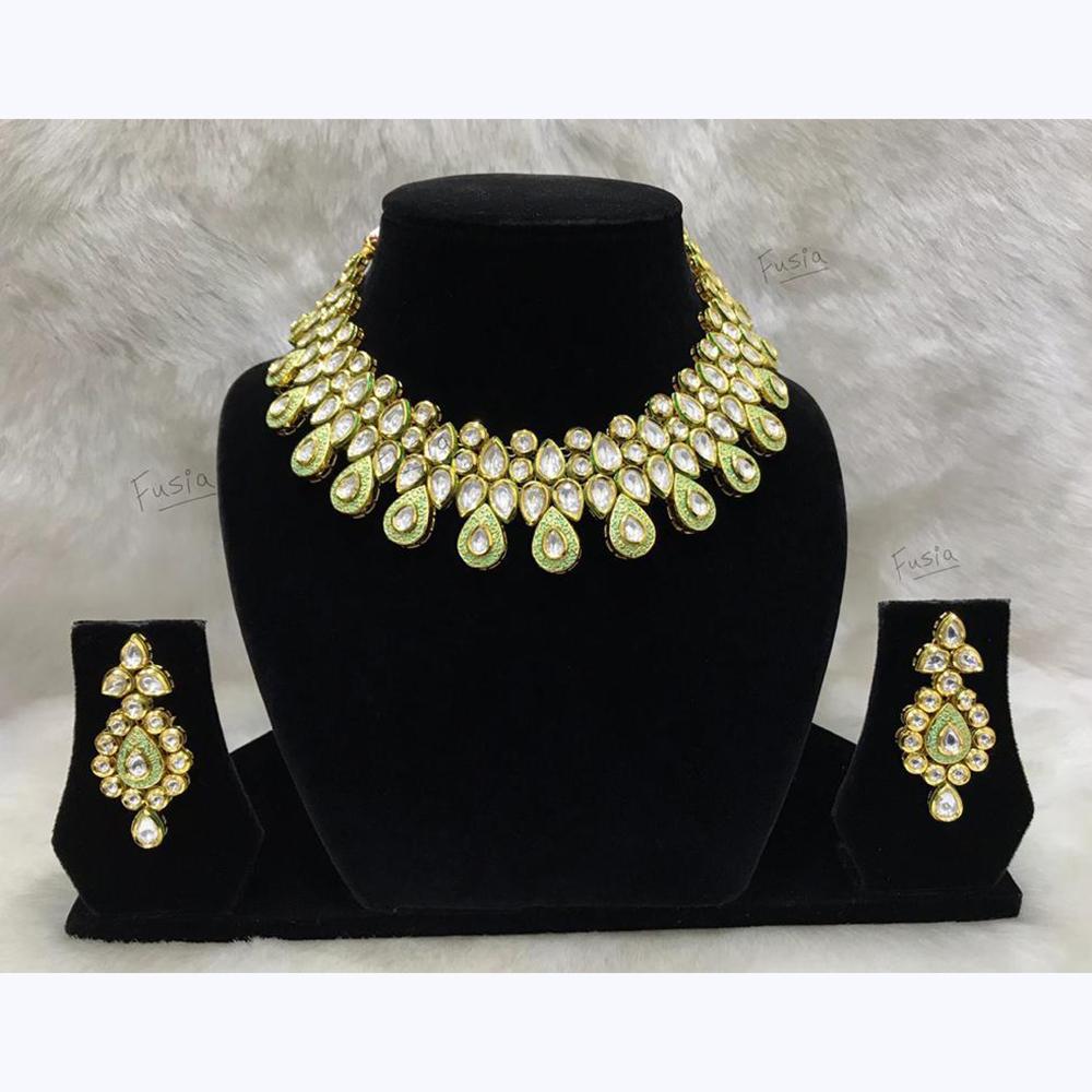 Tarangavi Green Meenakari And Kundan Gold Plated Necklace Set - FNV-2011
