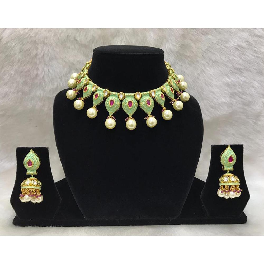 Tarangavi Green Meenakari And Kundan Gold Plated Necklace Set - FNV-2017