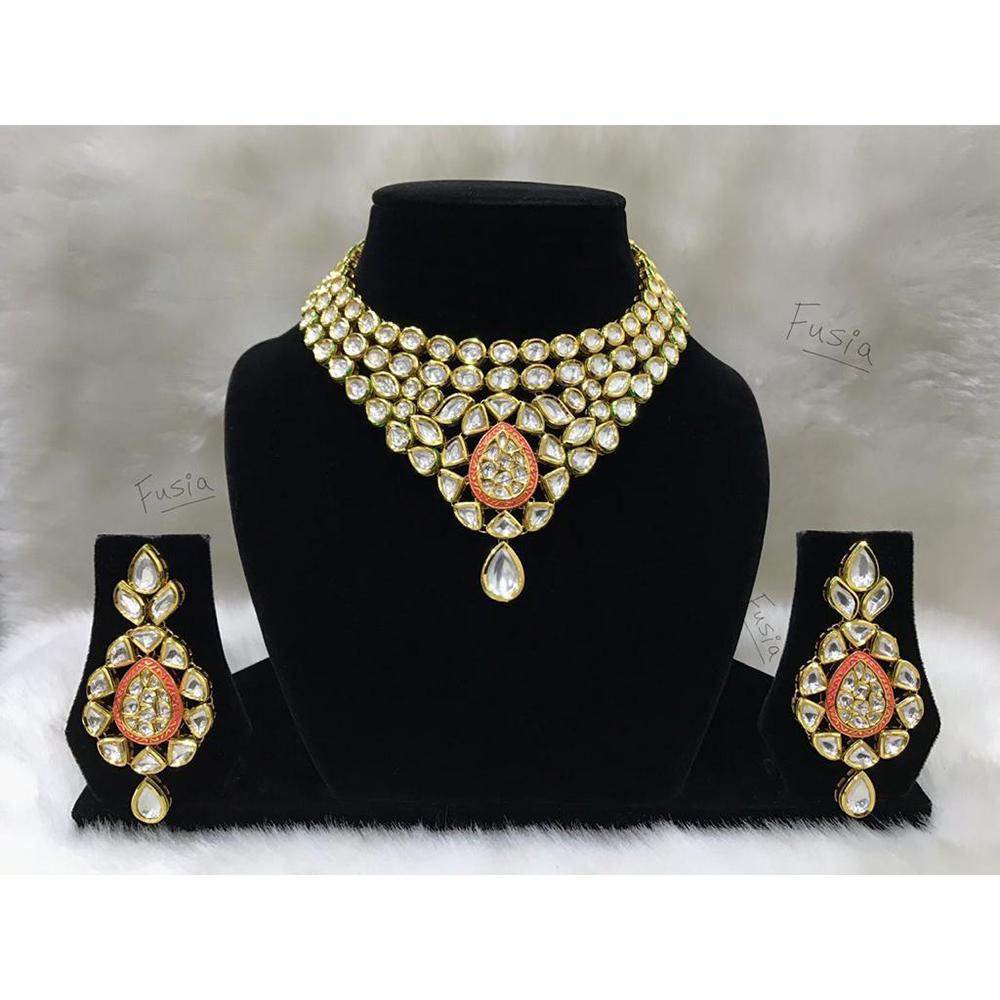 Tarangavi Red Meenakari And Kundan Gold Plated Choker Necklace Set - FNV-2025