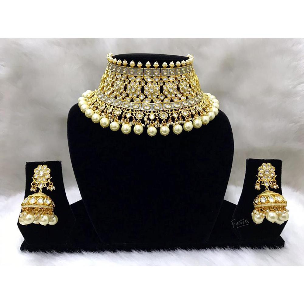 Tarangavi White Beads And Kundan Choker Necklace Set - FNV-2089