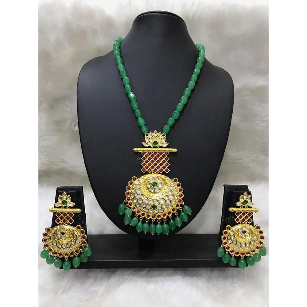 Tarangavi Green Beads And Kundan Long Necklace Set - FNV-2120