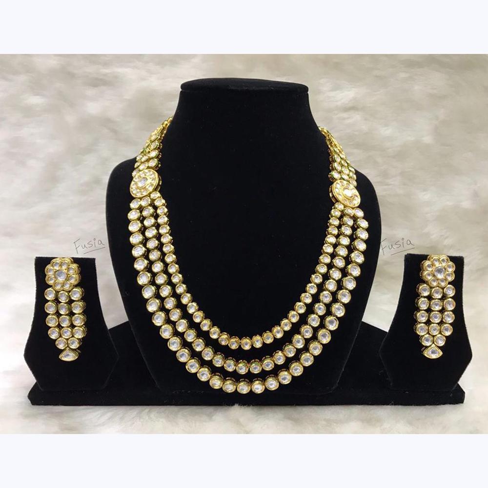 Tarangavi White Kundan Gold Plated Long Necklace Set - FNV-924