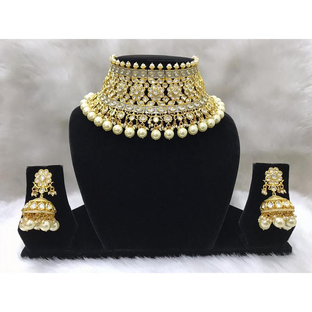 Tarangavi White Beads Kundan Choker Necklace Set - FNV- 2089