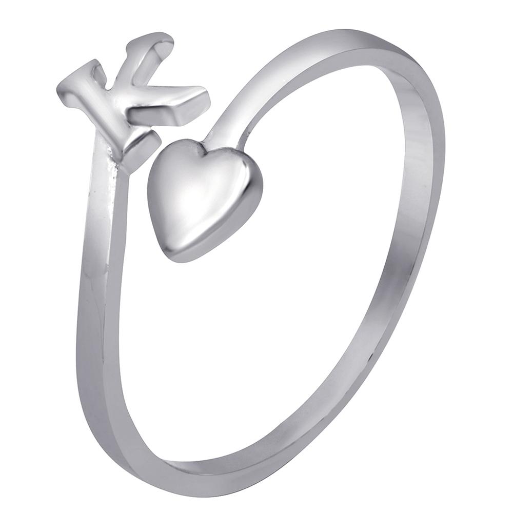 Mahi Rhodium Plated 'K' Initial and Heart Adjustable Finger Ring for W