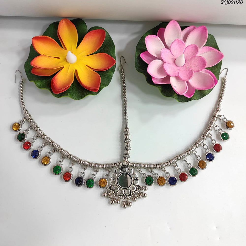 Heera Jewellers Oxidised Silver Plated Mirror Maang Tikka - HJACC144