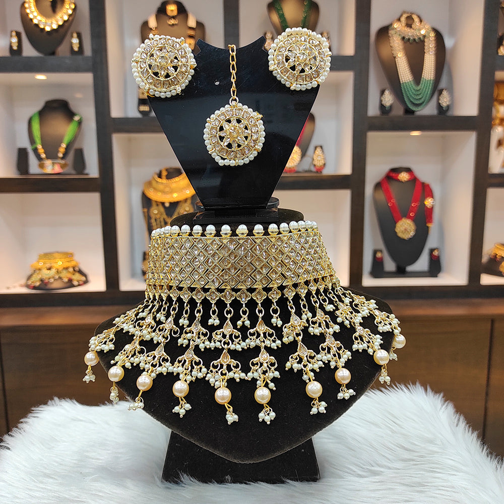 Heera Jewellers Gold Plated Kundan Stone & Beads Choker Necklace Set