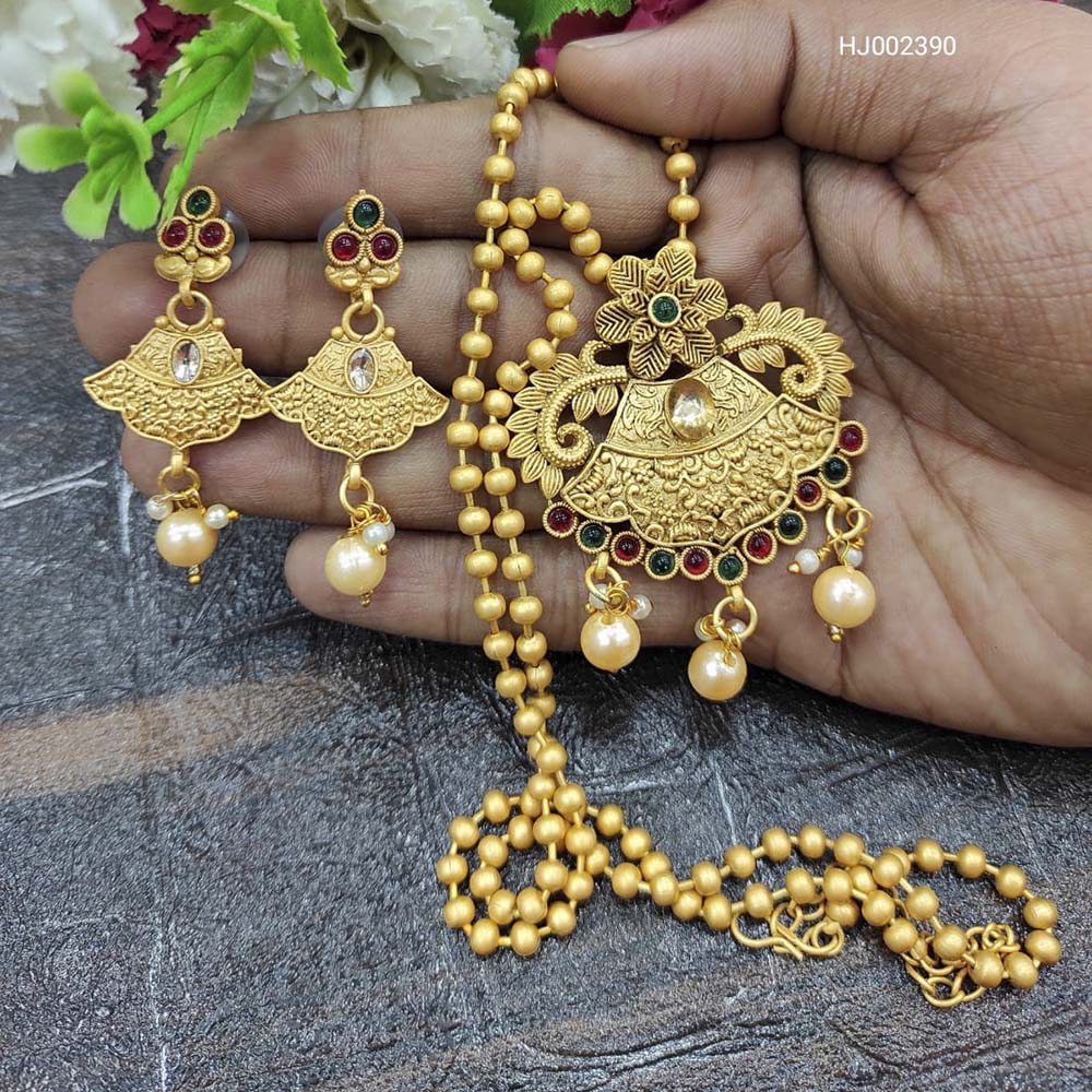 Heera Jewellers Gold Plaated Long Chain Pota Stone Traditional Necklace Set