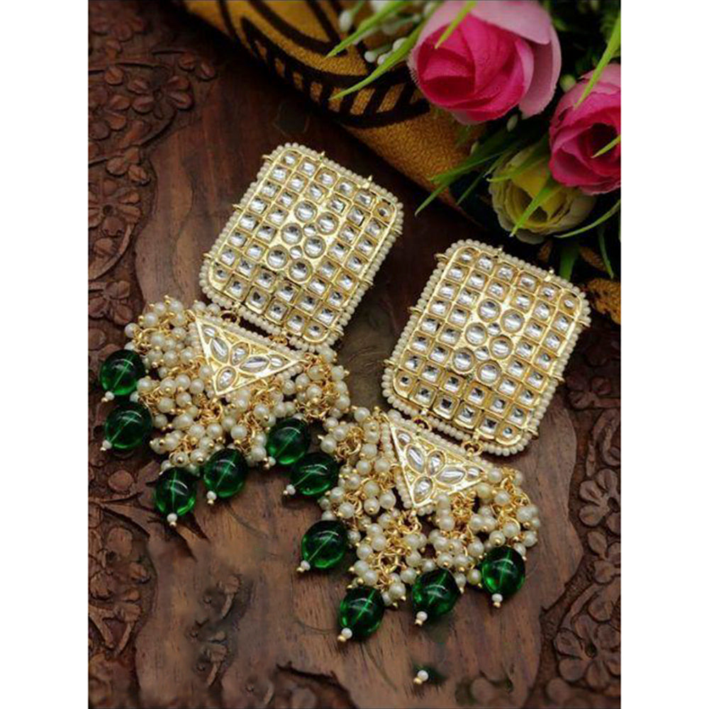 India Art Gold Plated Kundan Stone & Beads Dangler Earrings