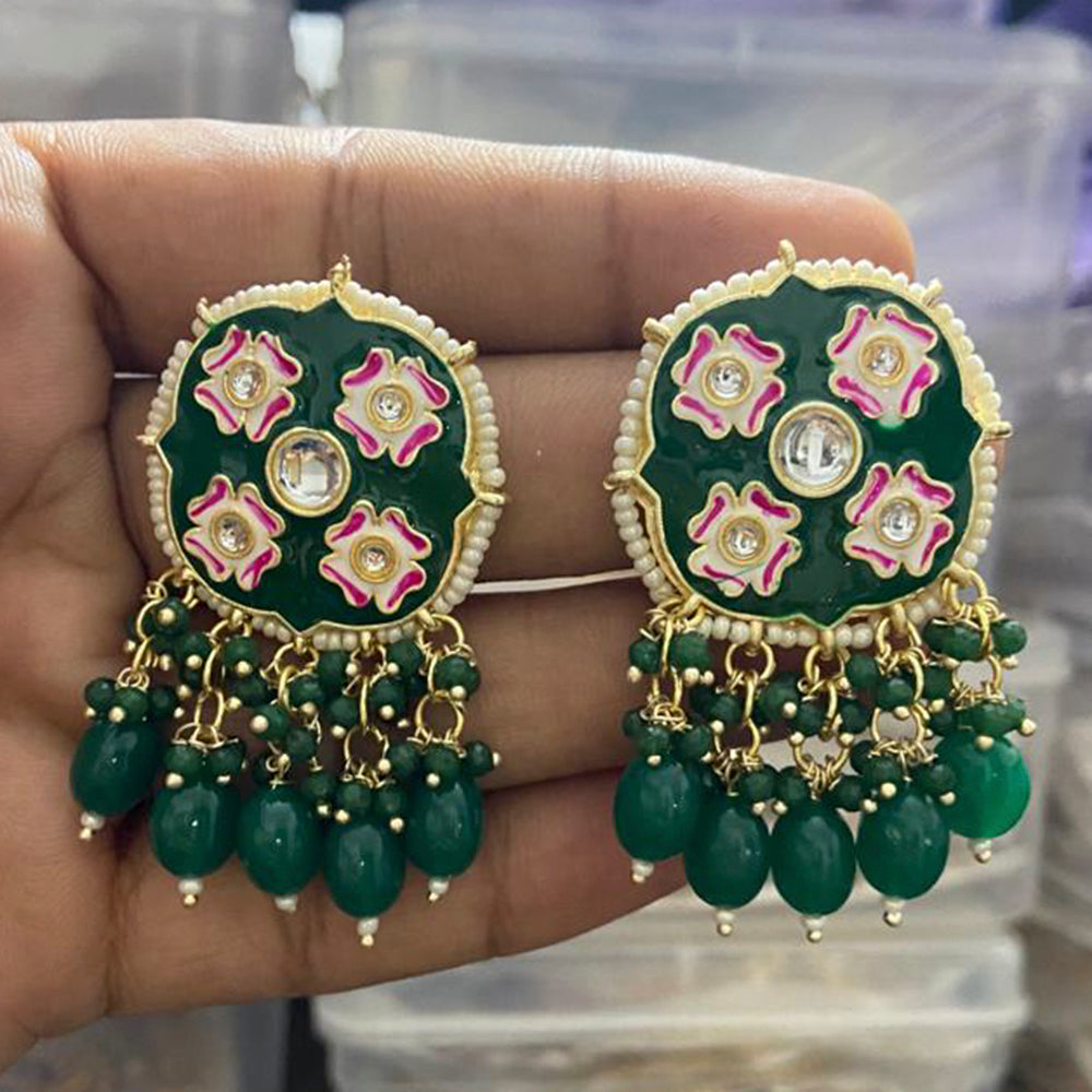 India Art Gold Plated Meenakari Kundan Stone & Beads Dangler Earrings