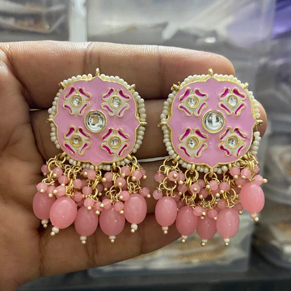 India Art Gold Plated Meenakari Kundan Stone & Beads Dangler Earrings
