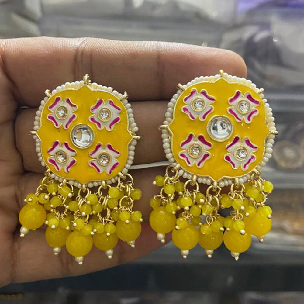 India Art Gold Plated Meenakari Kundan Stone & Beads Dangler Earrings