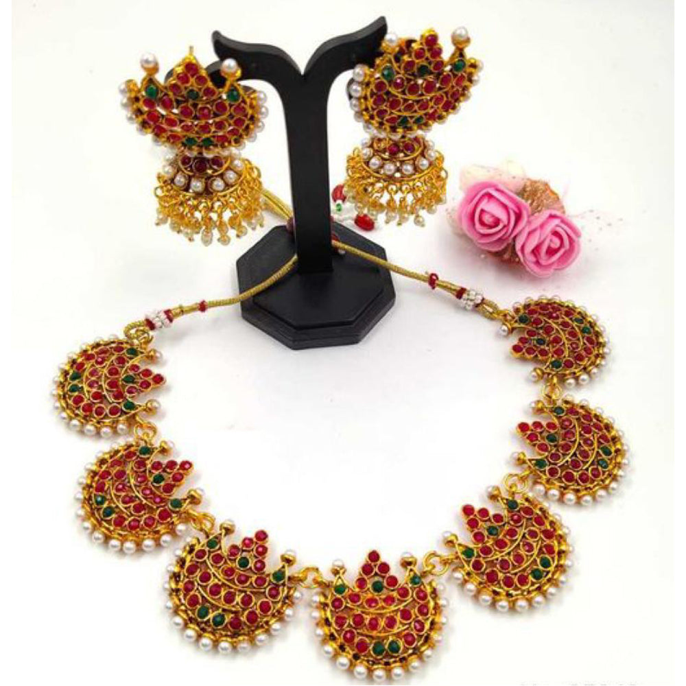 India Art Gold Plated Pota Stone & Pearl Choker Necklace Set