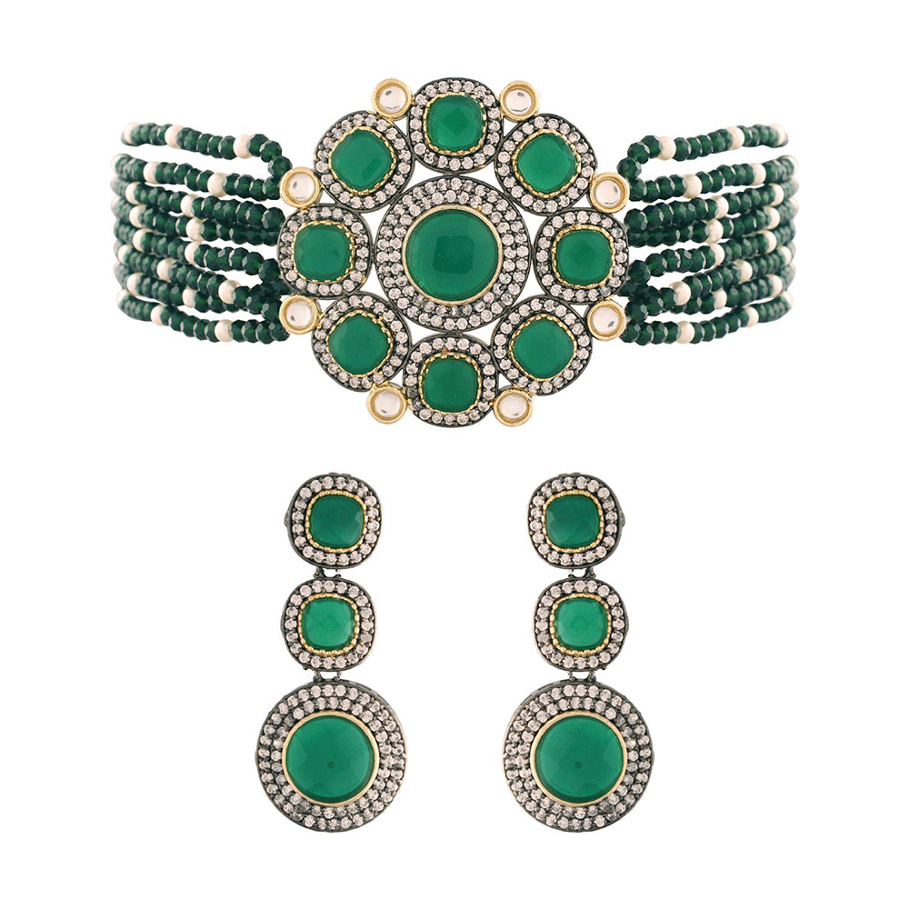 Etnico 18k Gold Plated Traditional Green Stone Studded & Beaded Choker Necklace Jewellery Set For Women/Girls (K7205G)