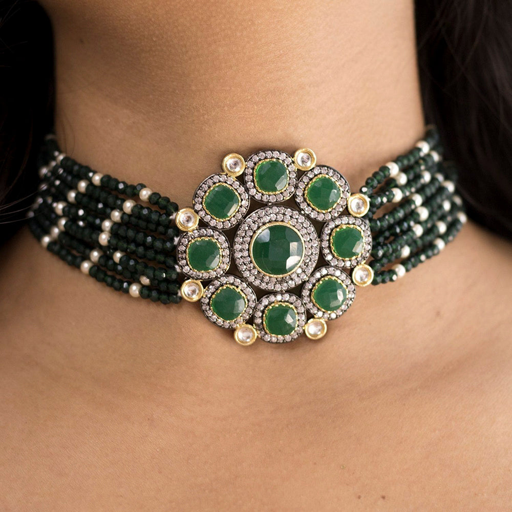 Etnico 18k Gold Plated Traditional Green Stone Studded & Beaded Choker Necklace Jewellery Set For Women/Girls (K7205G)