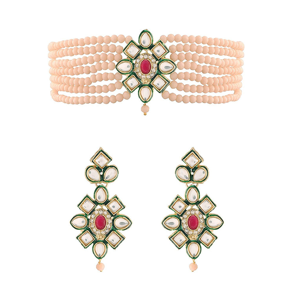 Etnico 18k Gold Plated Traditional Choker Set Glided With Kundan & Beads For Women/Girls (K7207Cr)