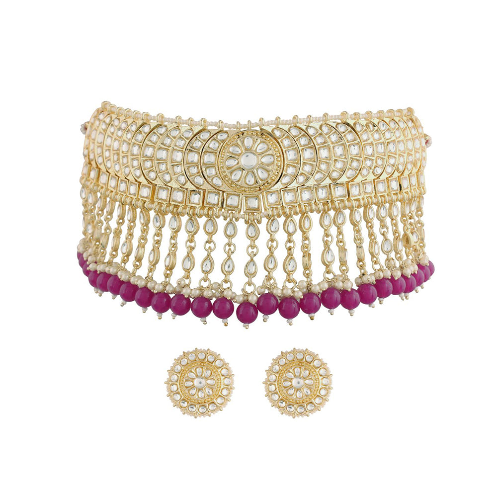Etnico 18K Gold Plated Traditional Kundan & Pearl Studded Choker Necklace Set For Women/Girls (K7210Pu)